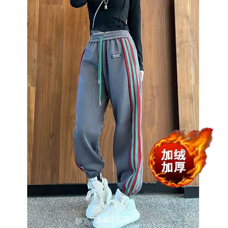 休闲哈伦裤女2023冬季美式侧边杠条纹撞色宽松显瘦百搭加绒束脚裤
