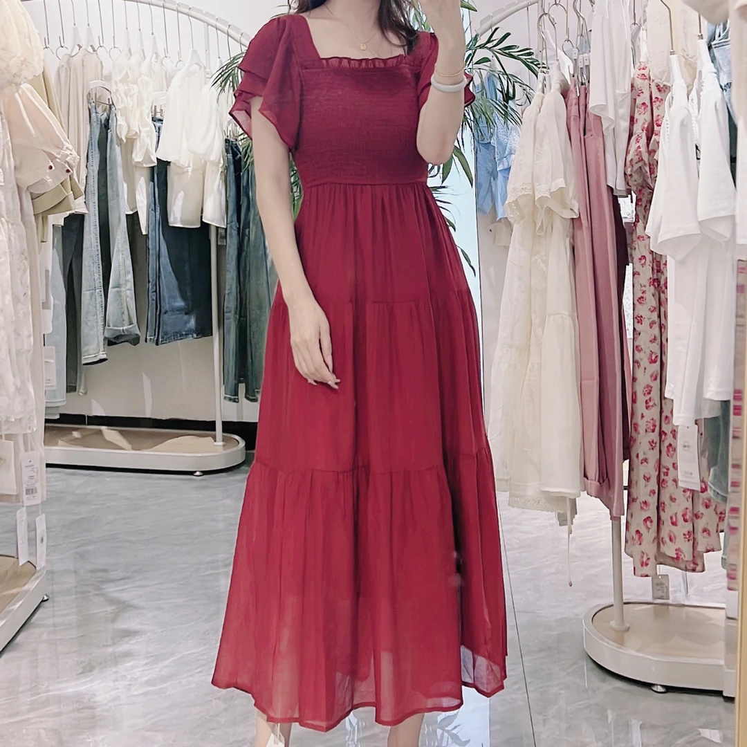 优雅 气质 酒红 法式 纱裙长裙连衣裙收腰显瘦