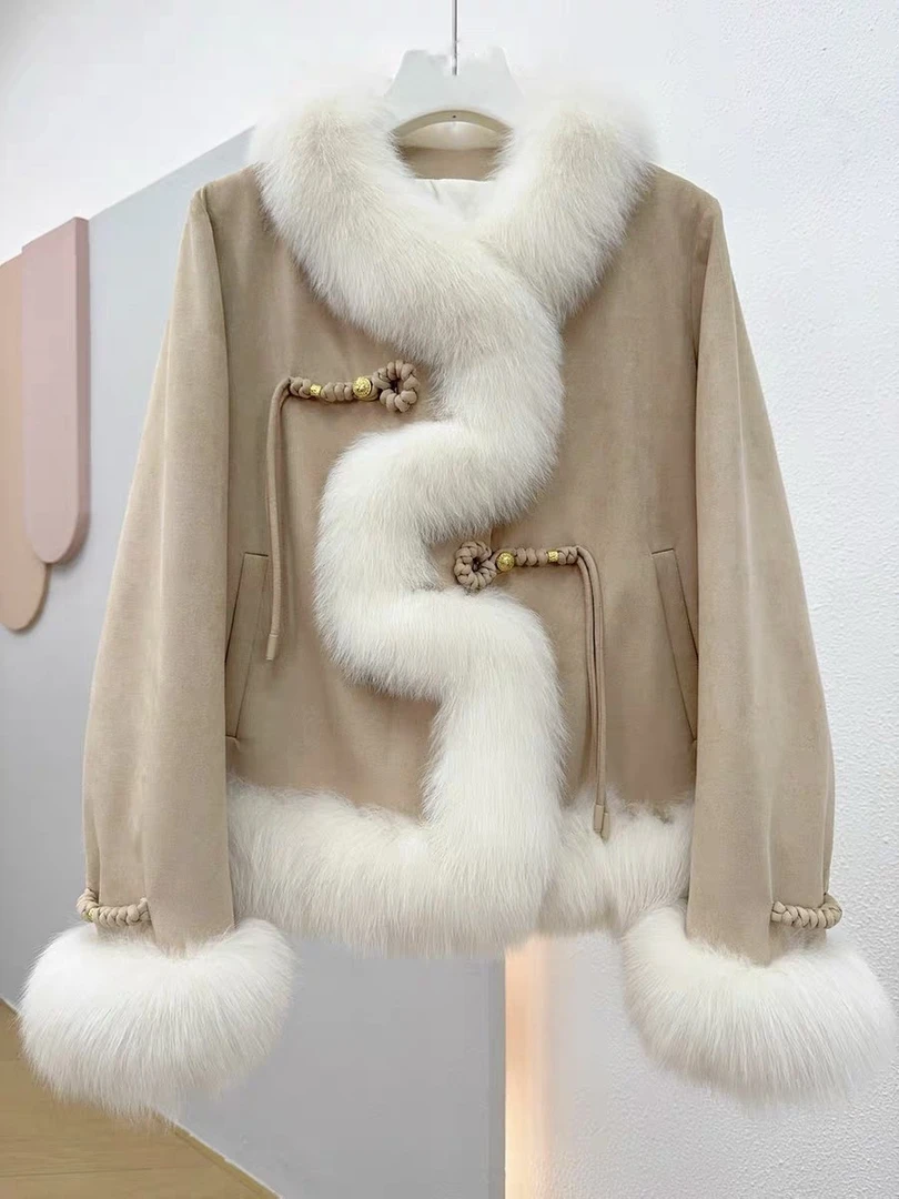 2024时尚百搭新中式盘扣小香风狐狸毛短外套