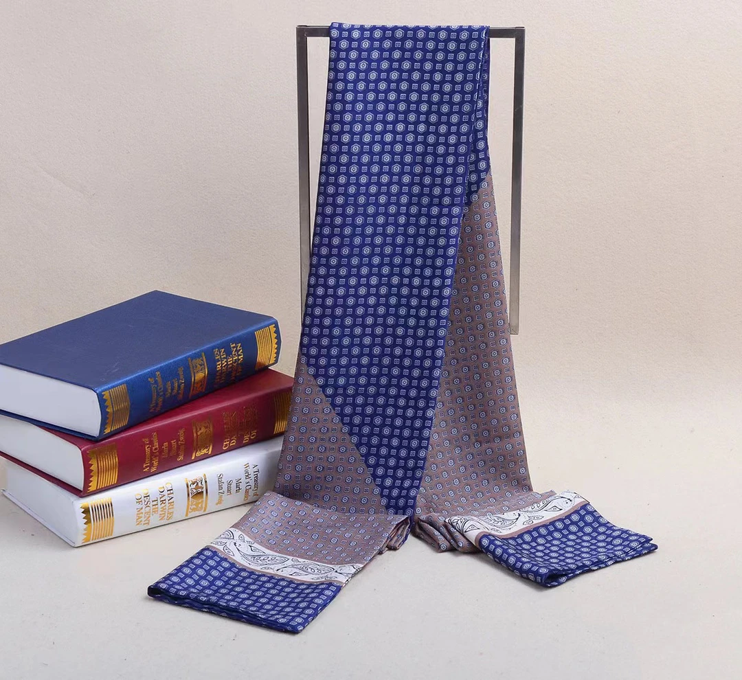 新款男士丝巾窄长仿真丝围巾气质时尚简约格子千鸟格冬季护颈领巾