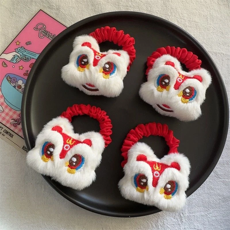 国潮醒狮毛绒发圈新年醒师发夹红色龙年发圈春节中国红发饰