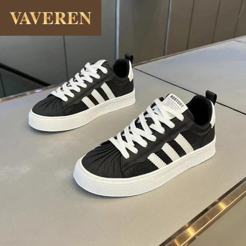 高档轻奢潮牌三道杠贝壳头滑板鞋ins新款时尚轻便舒适低帮鞋百搭