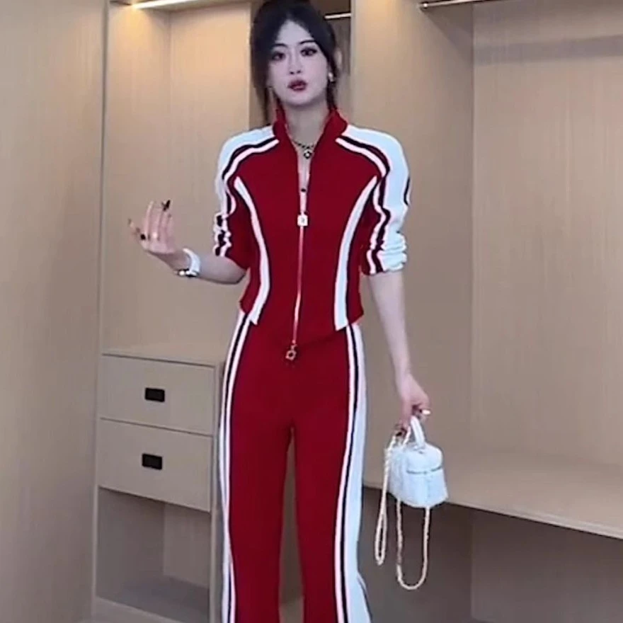 欧货休闲运动套装春秋新款时尚洋气休闲显瘦外套阔腿裤女装两件套