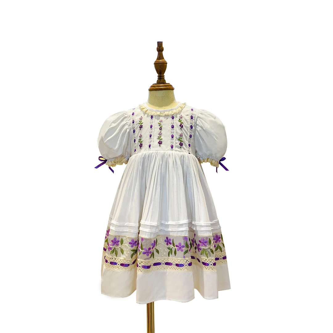 JannyBB原创薰衣草手工刺绣女童传家宝连衣裙儿童节夏季女孩白色