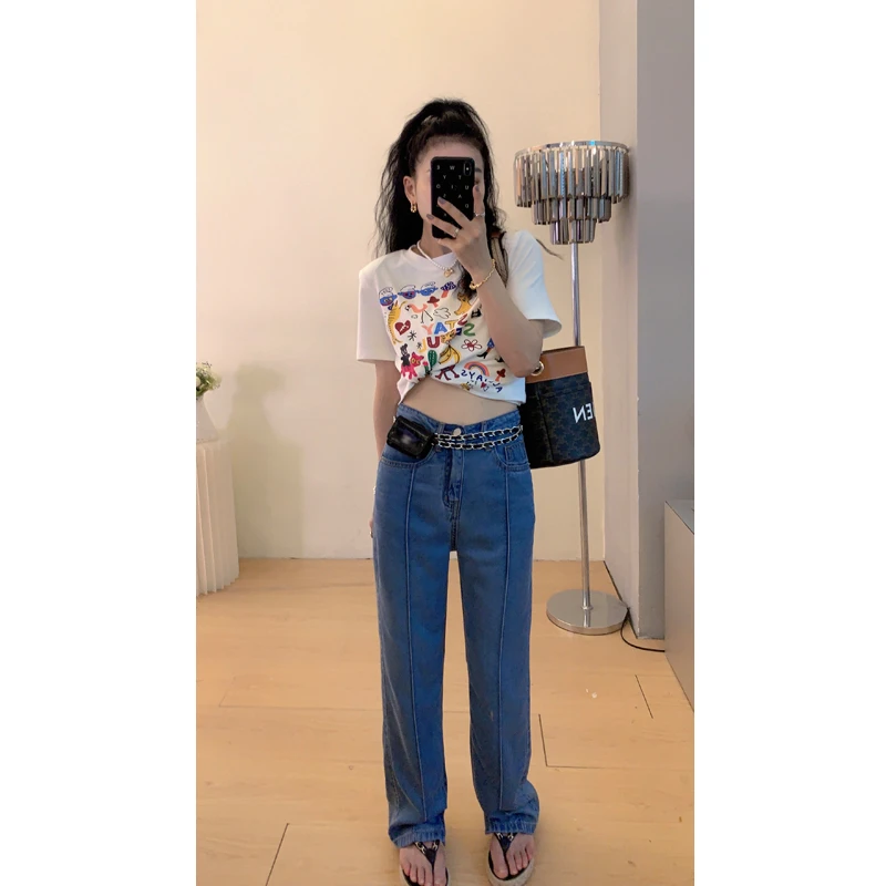 【苏苏家】小个子薄款天丝内开叉中高腰夏款阔腿直筒牛仔裤女