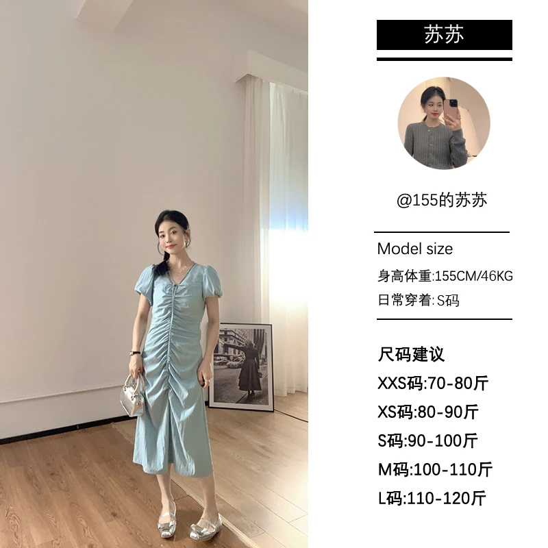 【苏苏家】专为小个子定制法式收腰显瘦V领系带抽绳褶皱连衣裙子