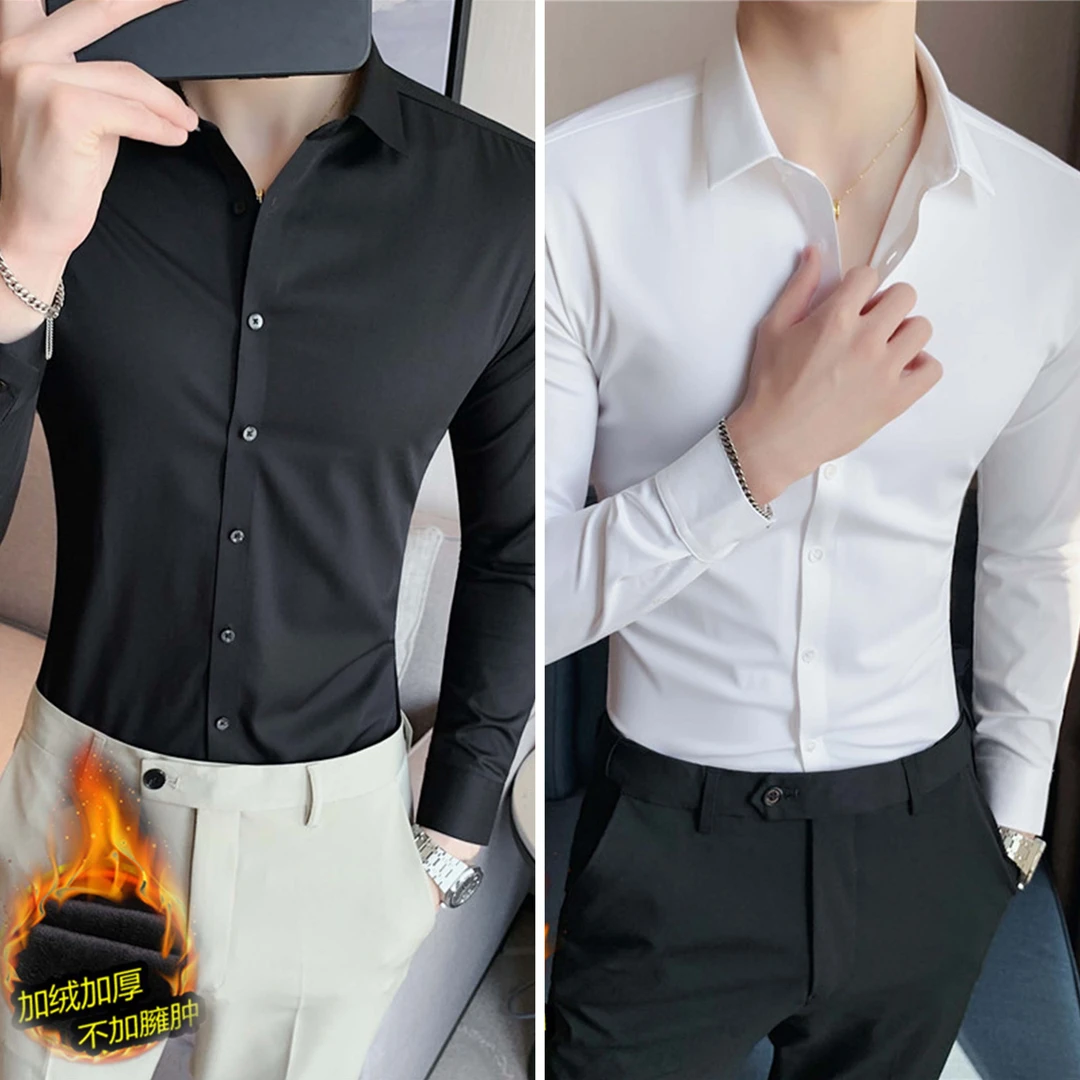 W-JR8611品质加厚加绒高品质跑量无痕压胶弹力衬衫男长袖衬衫白色