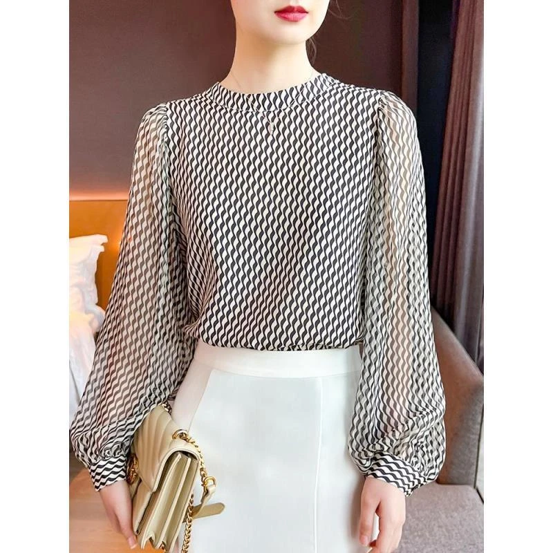 9658  条纹衬衫女秋季新款时尚气质立领宽松套头长袖外穿上衣