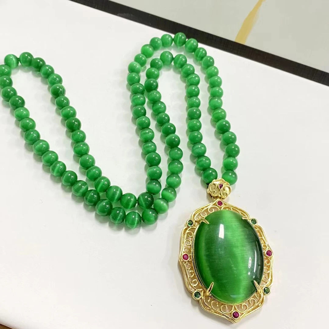 典藏绿玻陨极光猫吊坠项链 节日送礼自戴 多样发