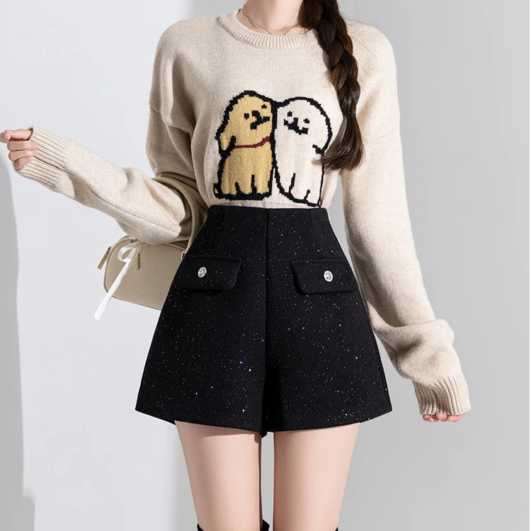 2024冬高腰百搭宽松韩版显瘦闪闪亮片毛呢短裤女阔腿外穿靴裤短裤