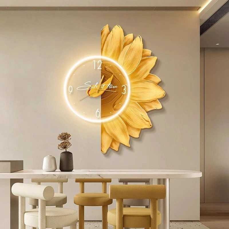 2024新款奶油风餐厅装饰画北欧向日葵饭厅钟表时钟挂画客厅画壁画