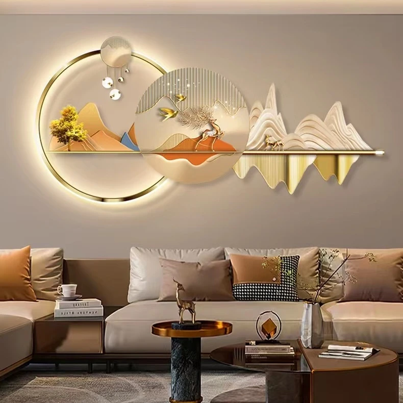 现代轻奢客厅装饰画高级感led灯画背有靠山沙发背景墙挂画发光画