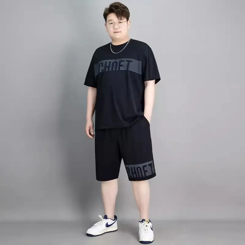 大码冰丝运动套装男夏季薄款冰感T恤短裤两件套男士休闲男装潮牌