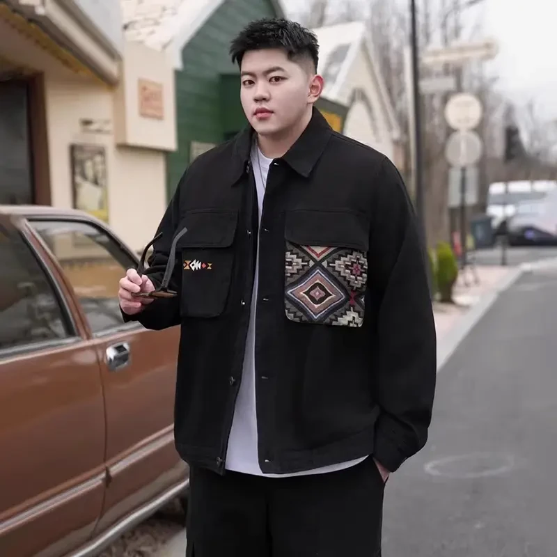 潮牌大码新款男装民族风宽松男胖子加肥加大休闲水洗长袖牛仔外套