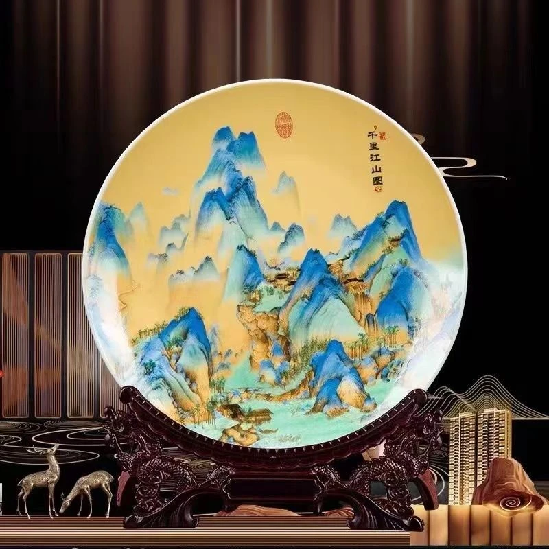 景德镇陶瓷摆件中式客厅艺术千里江山图酒柜古摆设品瓷器九龙图