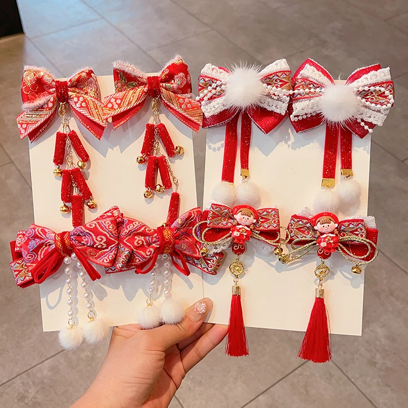 龙年发饰儿童红色蝴蝶结发夹小女孩新年喜庆夹子女童春节过年发卡