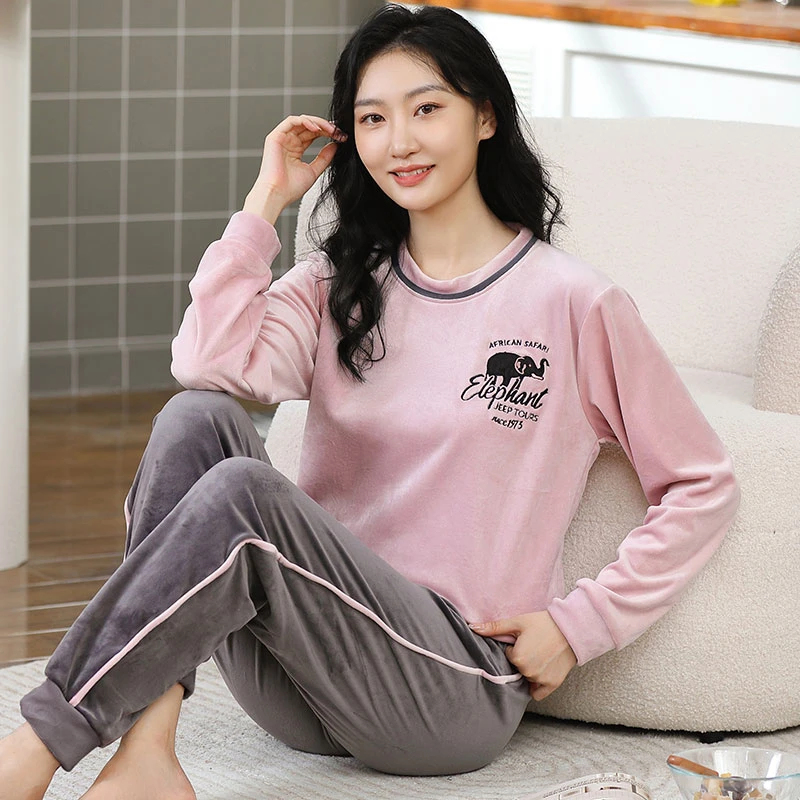 韩版珊瑚绒睡衣女秋冬季薄款可外穿加绒套装春秋海岛绒加厚家居服