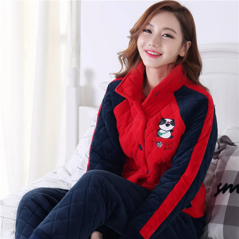 三层夹棉睡衣女加绒加厚秋冬季保暖棉袄冬款冬天家居服套装可外穿