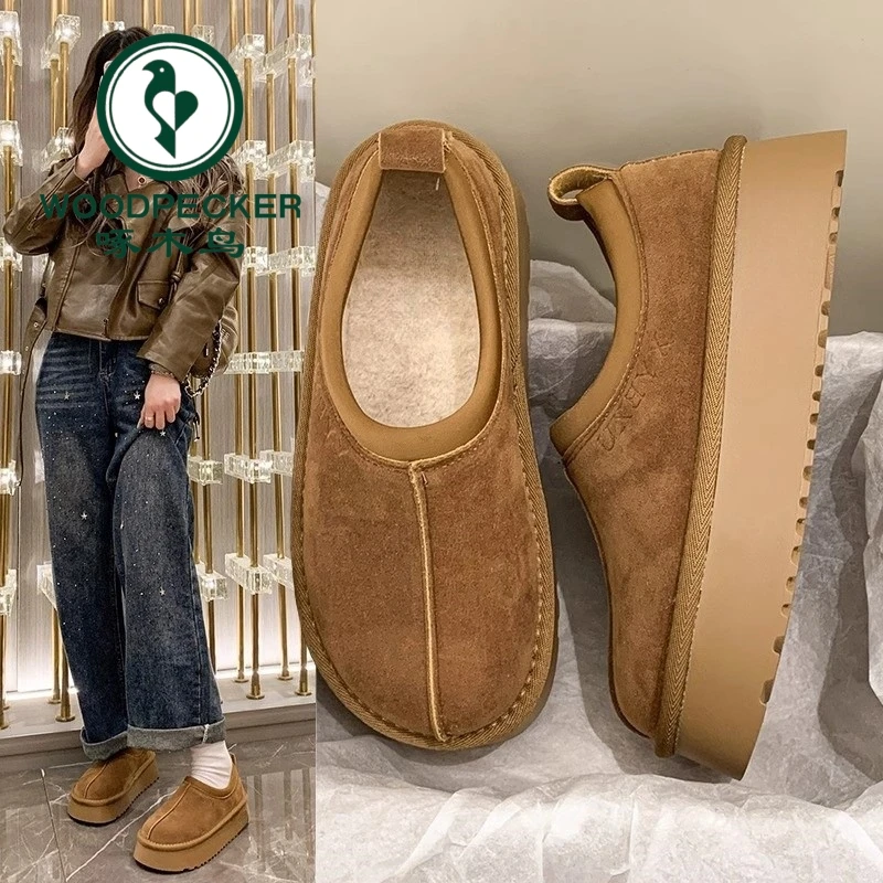 啄木鸟厚底毛毛勃肯鞋女2024冬季新款加绒保暖一脚蹬软底雪地棉鞋