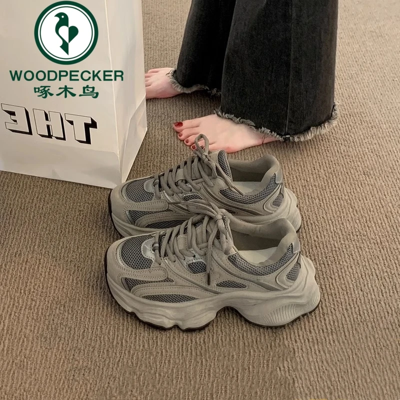 啄木鸟复古厚底老爹鞋女款2024秋季新款网面透气显脚小休闲运动鞋