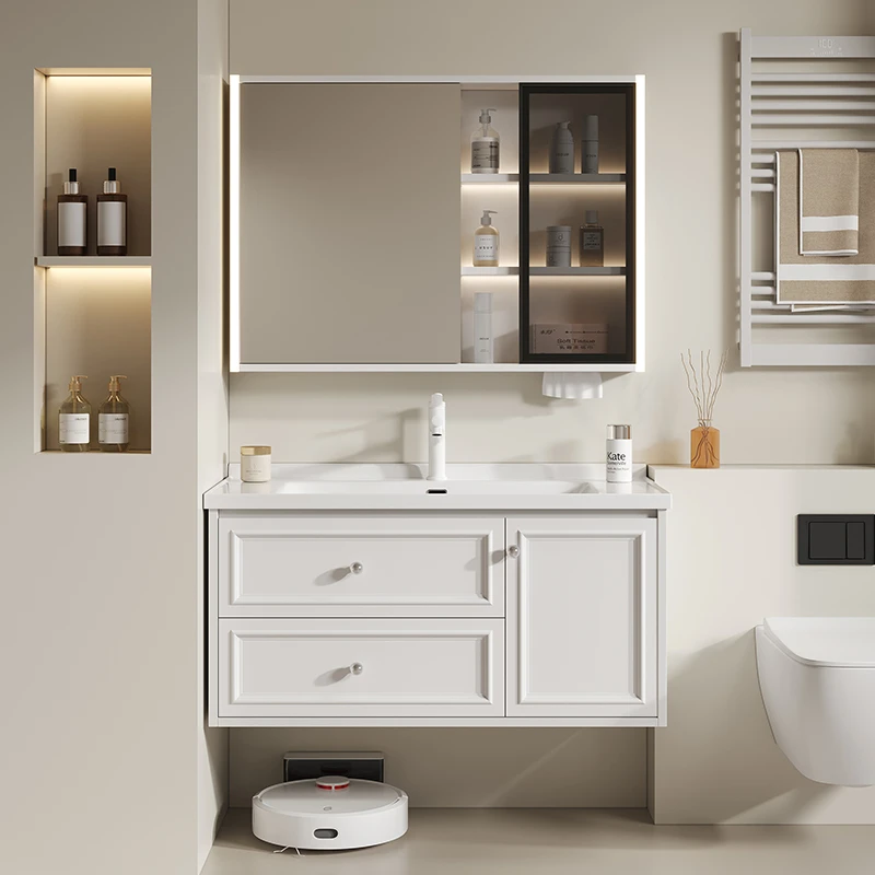 法式奶油风陶瓷一体盆智能浴室柜镜柜组合卫生间收纳洗漱台洗脸盆