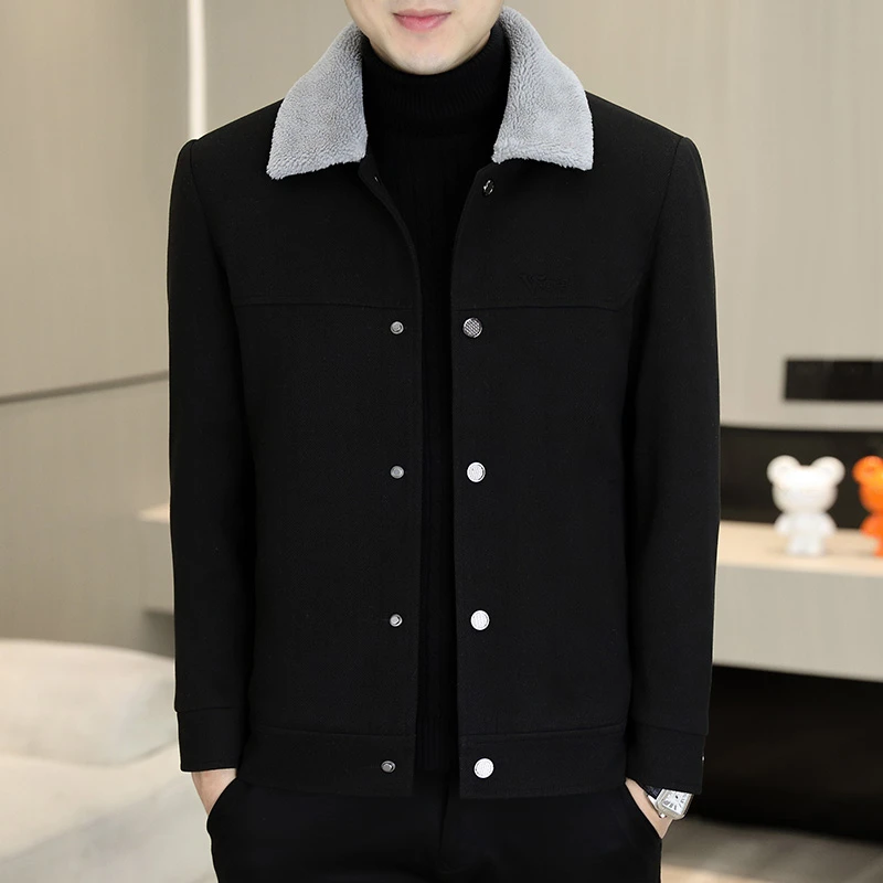 东致秋冬季毛呢外套加厚保暖翻领呢子大衣男短款高档休闲加绒夹克
