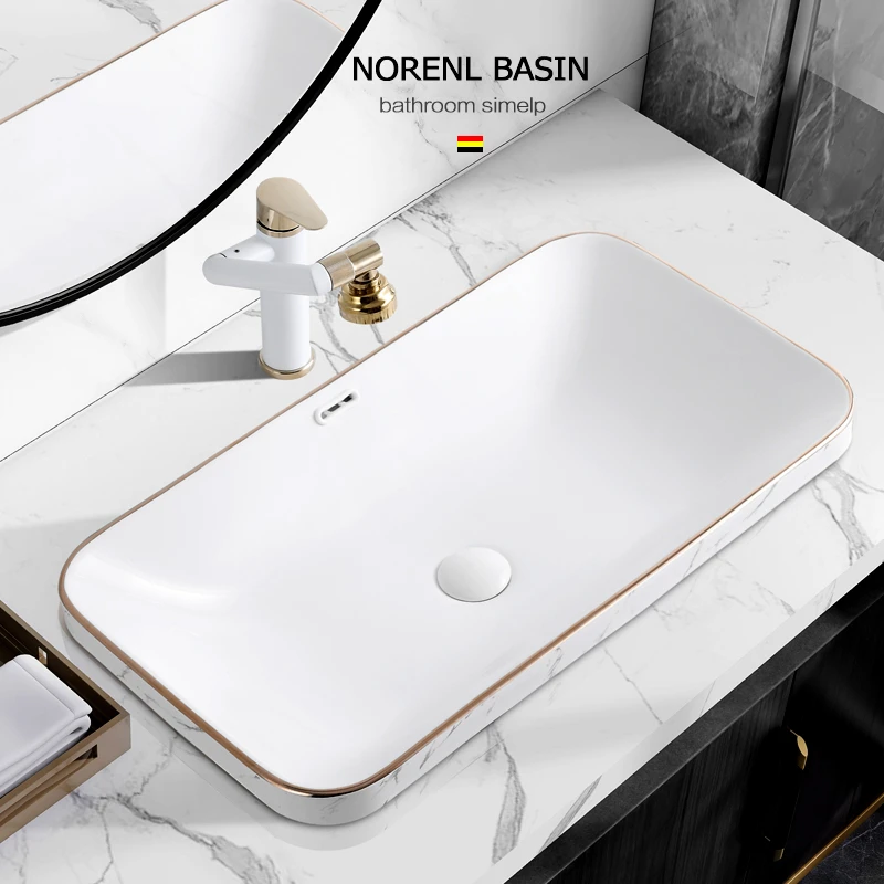 台中盆半嵌入式洗手盆金边大理石纹卫生间陶瓷洗脸盆艺术面盆单盆