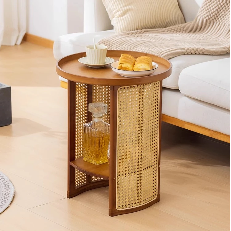 茶几客厅家用沙发侧边边几现代风格圆形小桌子简约茶水台藤编角几