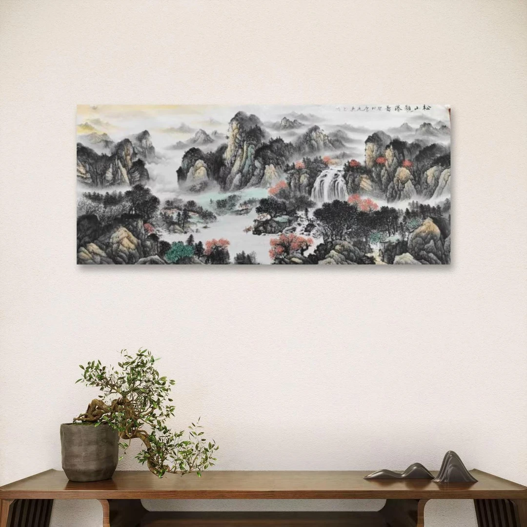 康廷英-2-6-手绘国画-松山观瀑-八尺-客厅办公室挂画