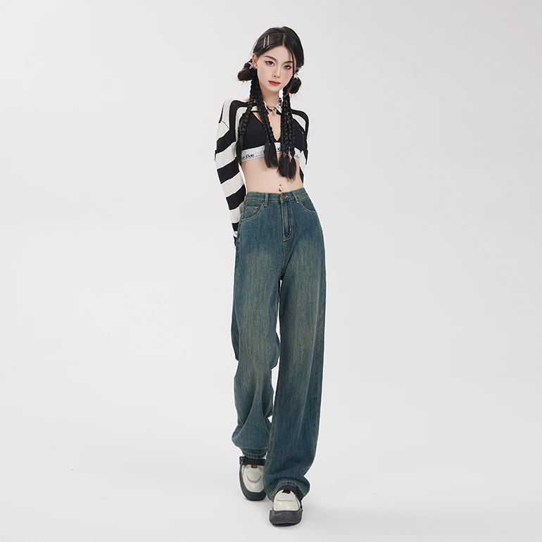 怀旧色窄版阔腿牛仔裤女2024春夏新款高腰显瘦显高直筒宽松拖地裤