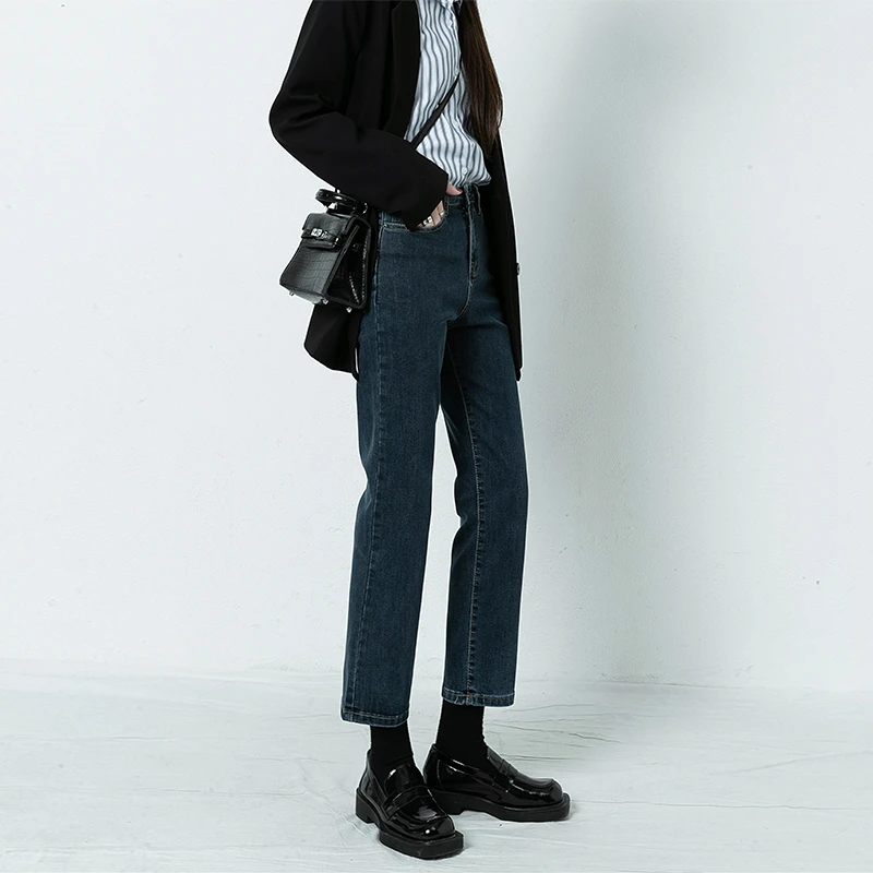高腰直筒牛仔裤女2025夏季新款显瘦小个子九分弹力修身休闲烟管裤