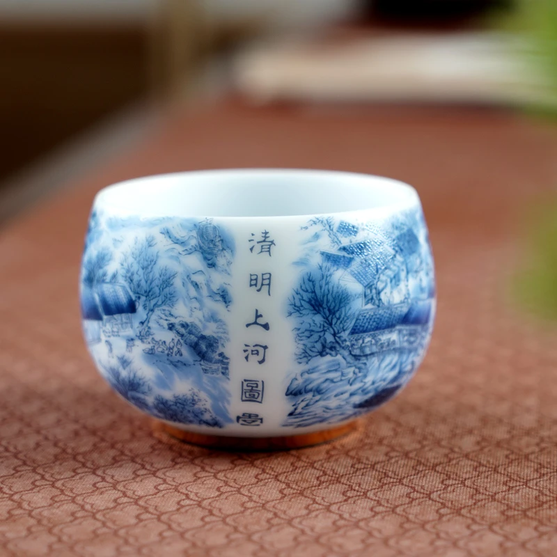 羊脂玉白瓷主人杯清明上河图高端中式茶杯单杯子个人专用品茗杯