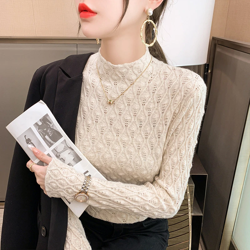 女士秋装打底衫内搭宽松勾花上衣2025新款爆款洋气半高领针织衫