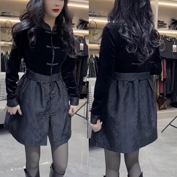 连衣裙女气质秋冬拼接盘扣连衣裙女8888455