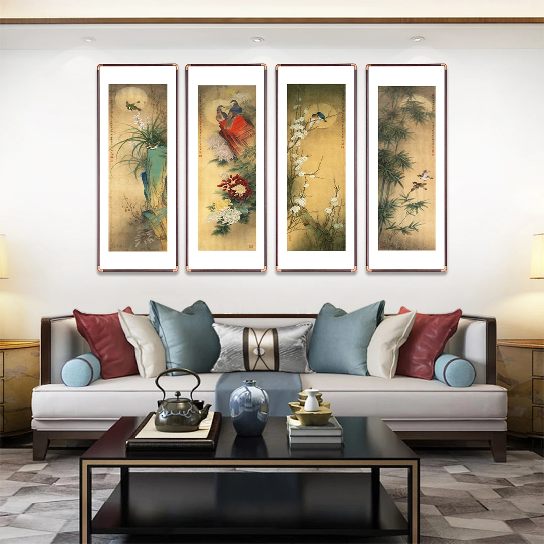 【仿铜240-243M】120*45实木圆角国画卧室家庭挂墙装饰画胡桃色