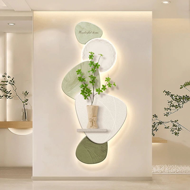 奶油风入户玄关装饰画带灯走廊过道绿植创意置物清新挂画高档壁画