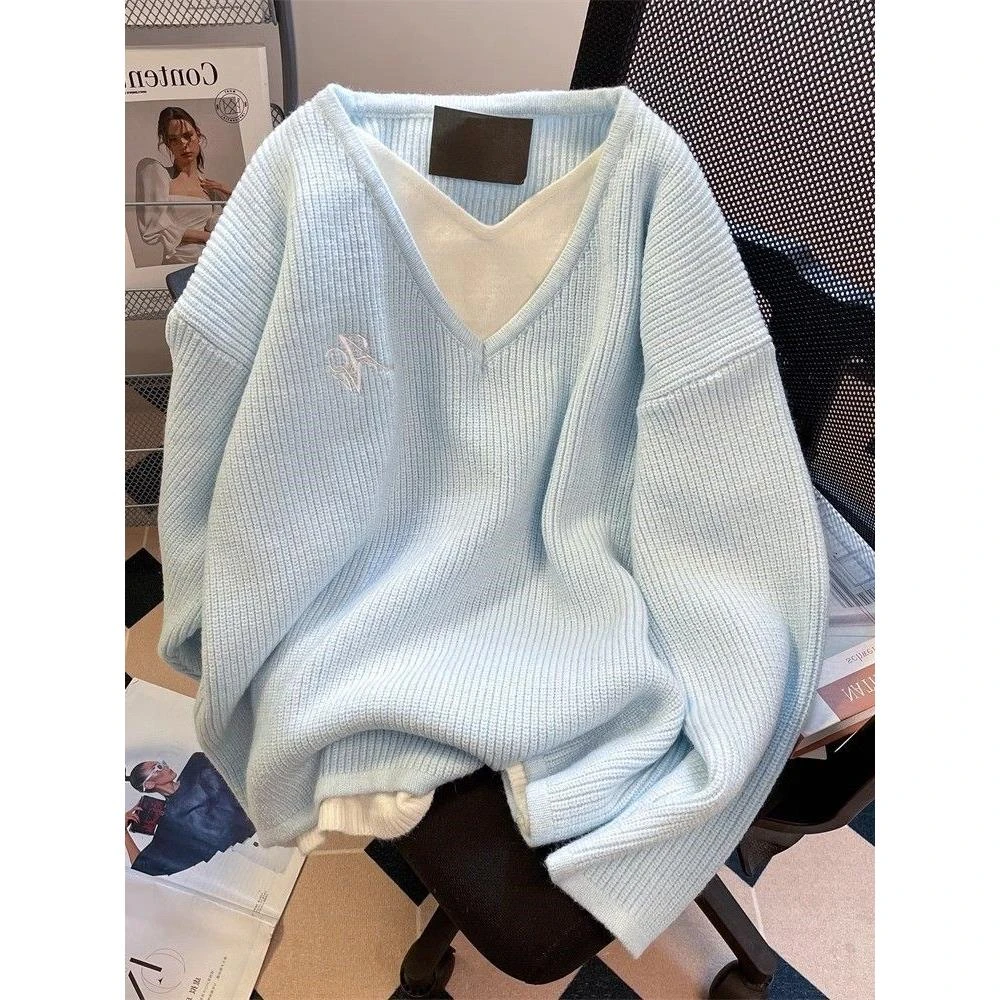 韩系慵懒假两件撞色刺绣毛衣女2024早秋季高级感v领针织上衣
