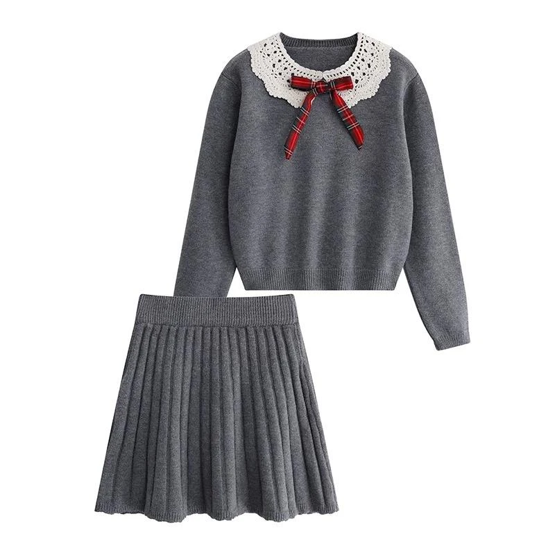 现货蝴蝶结可拆重工钩花领针织衫学院风娃娃领毛衣短裙套装女