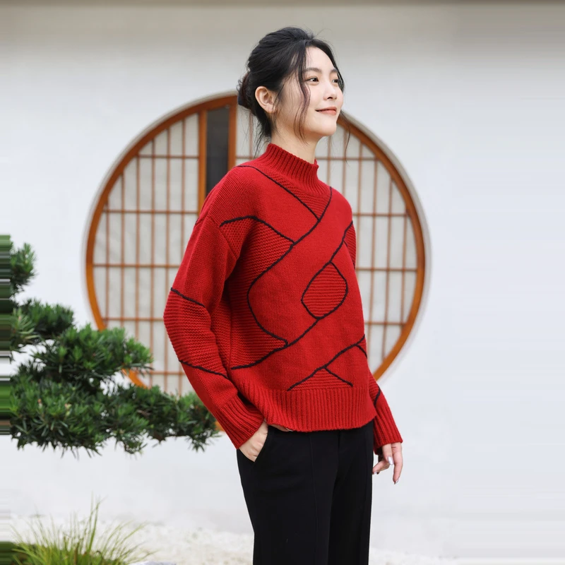 婉甸2024冬新品富贵红立体绣毛织秋冬衫1234W53XS6