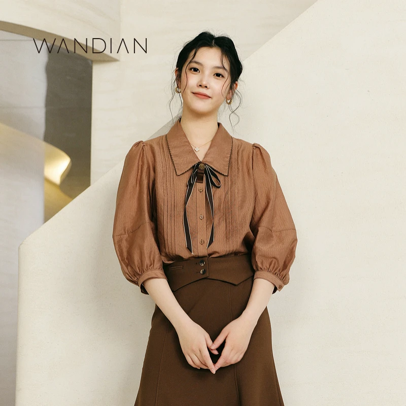 婉甸法式新品日常上班玛奇朵色中袖上衣上装1233H03RS2