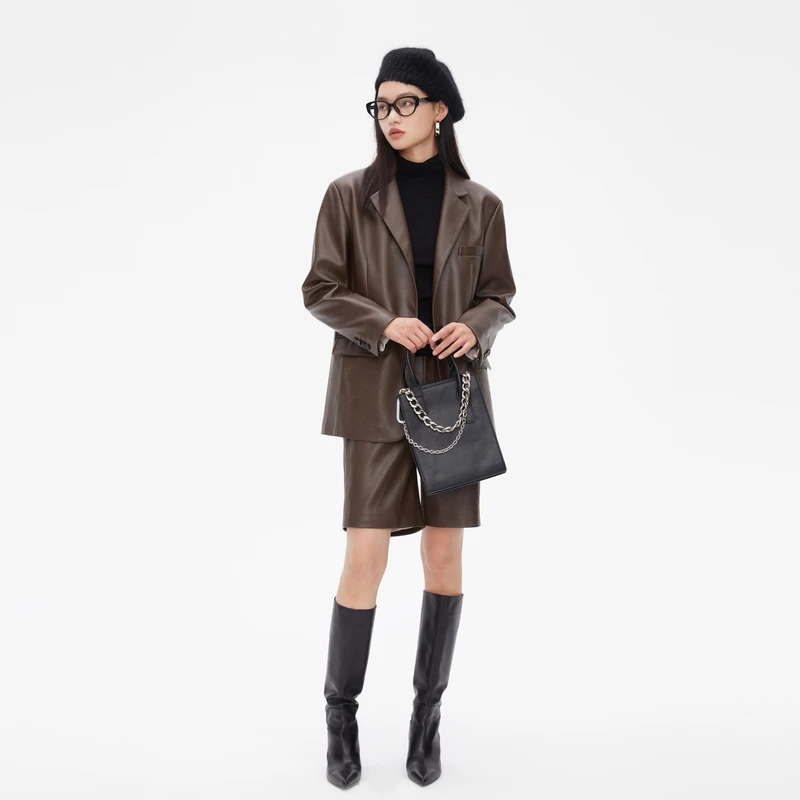 婉甸PU皮秋冬通勤休闲西装外套皮衣女MBMBC3Q12BLX