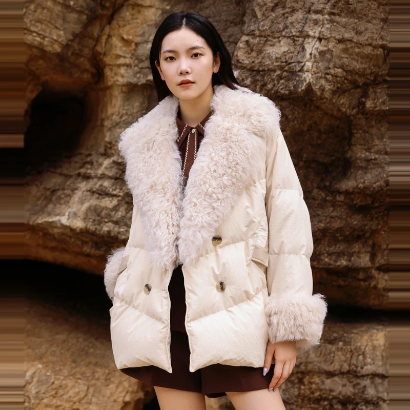 【小余专享】婉甸燕麦色中长款羽绒服2024冬季新品O型拼接外套1234D