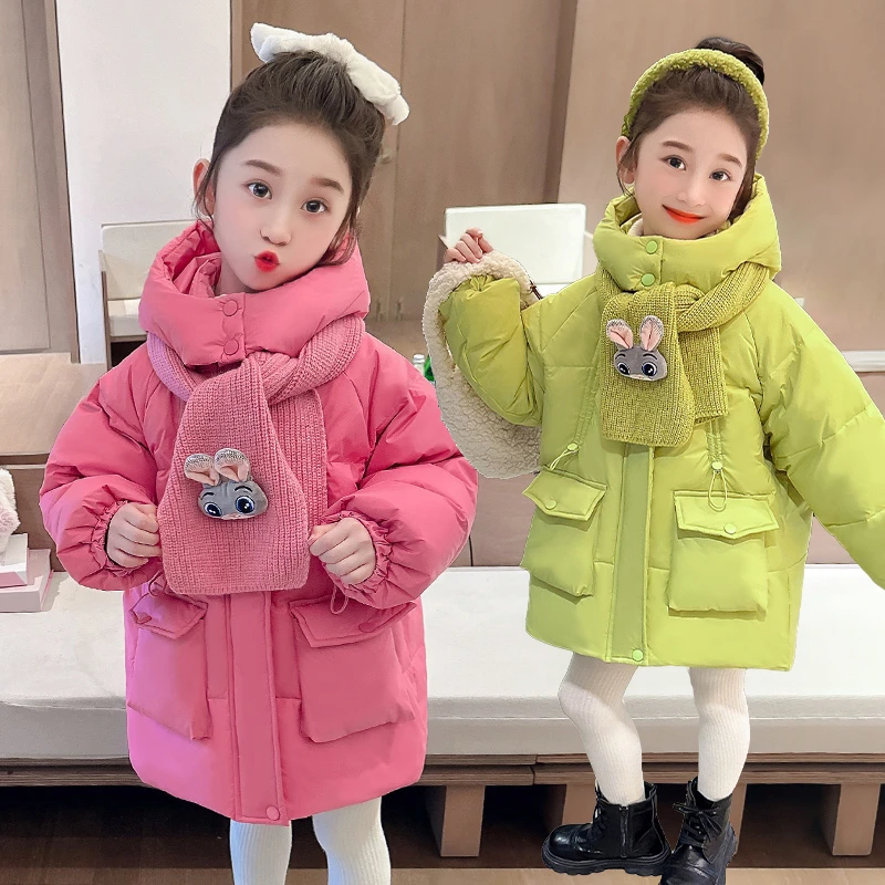 女童连帽羽绒服2025新款冬季中小儿童加厚鸭绒宝宝保暖外套中长款
