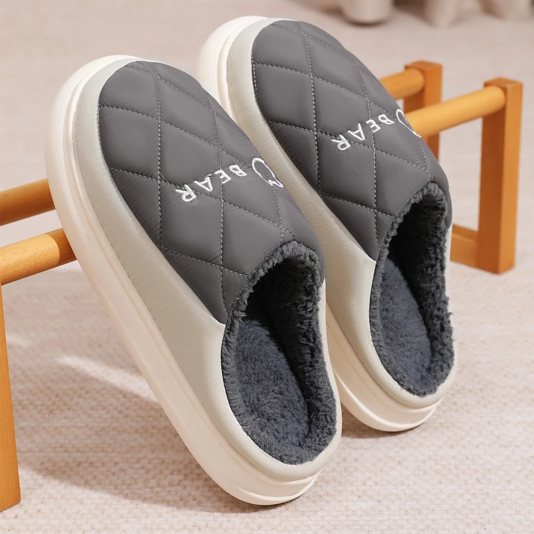 防水棉拖鞋男士秋冬季2024新款情侣居家防滑厚底羽绒布毛毛拖鞋女
