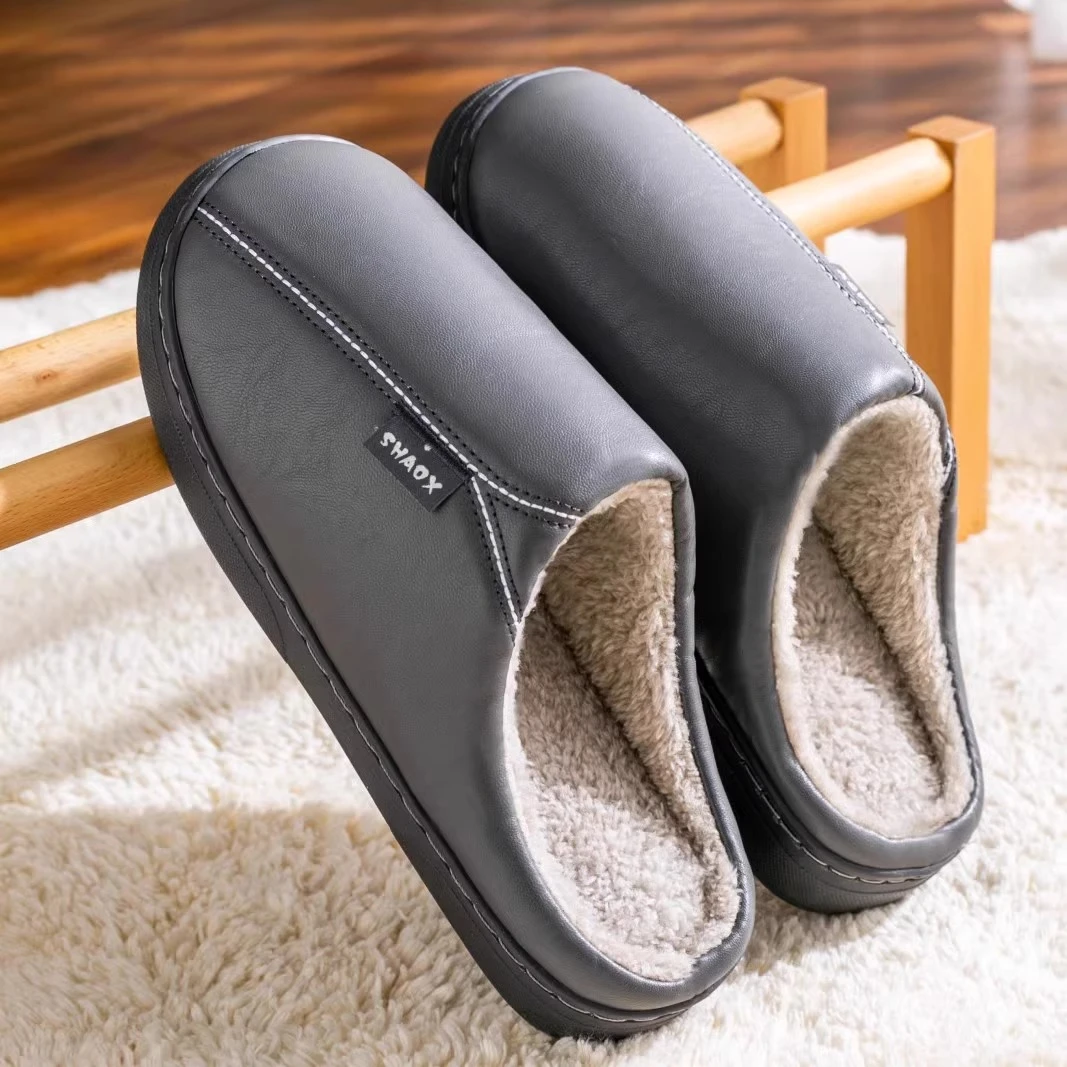 防水棉拖鞋男士秋冬季2024新款家居室内保暖防滑厚底皮面棉拖鞋女