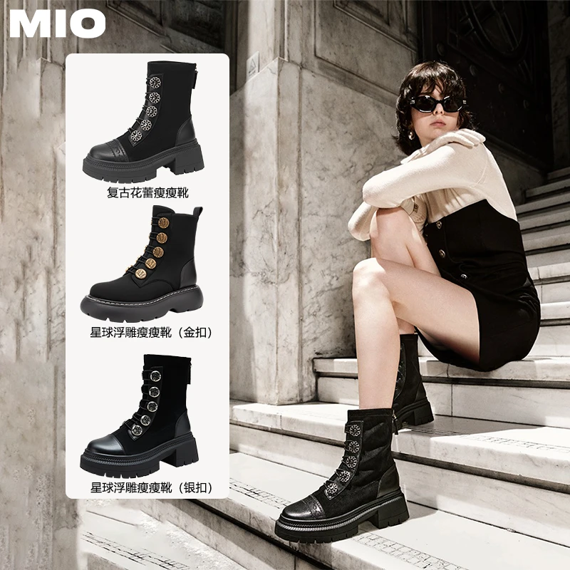 【复古浮雕瘦瘦靴】MIO米奥秋冬加绒高跟瘦瘦靴复古精致酷感马丁靴
