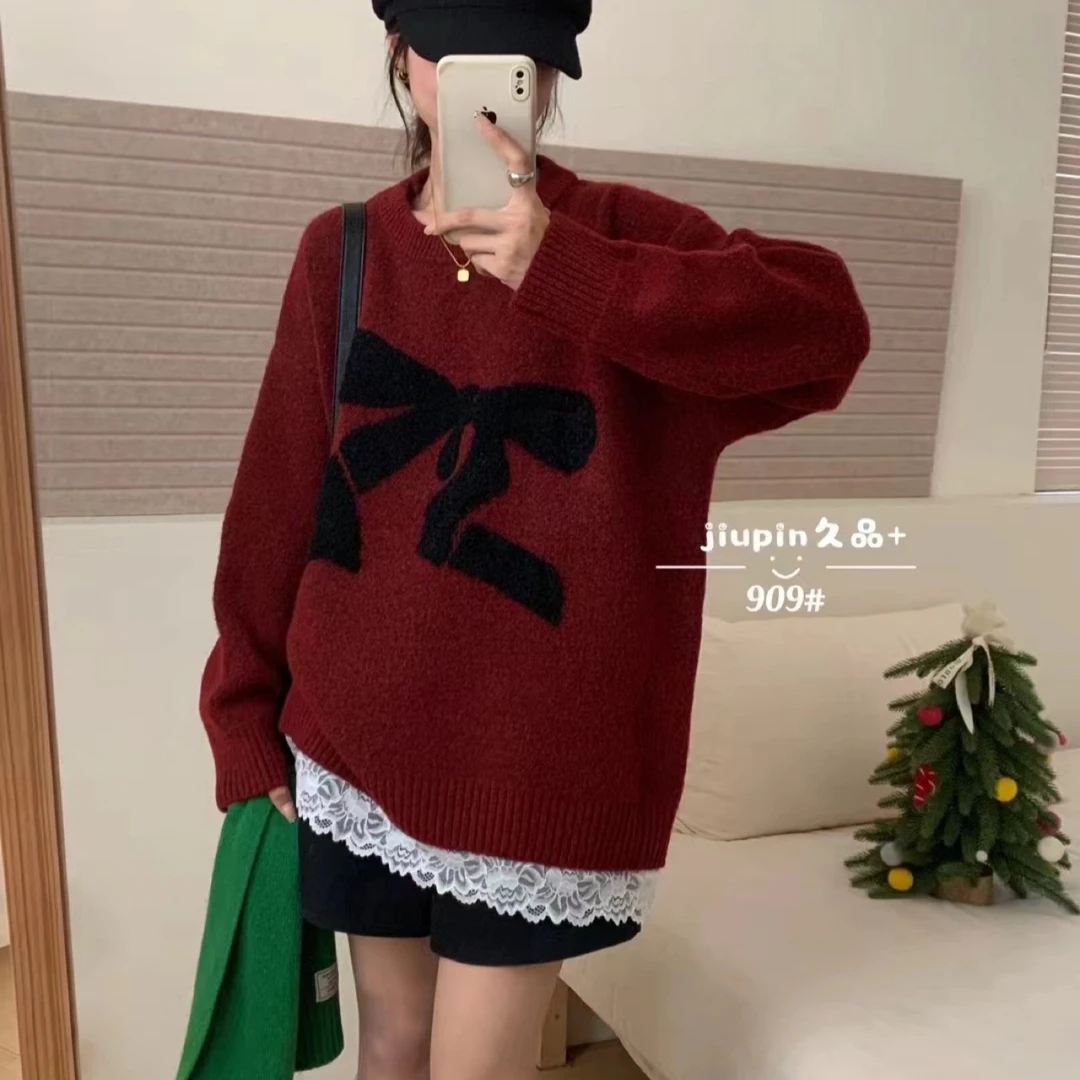 慵懒风撞色蝴蝶结毛衣女软糯亲肤针织衫宽松显瘦上衣909