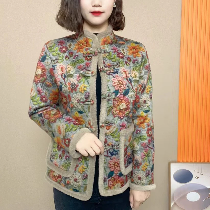 2024冬季新款加绒加厚新中式立领国风盘扣定制毛边外套时尚妈妈装