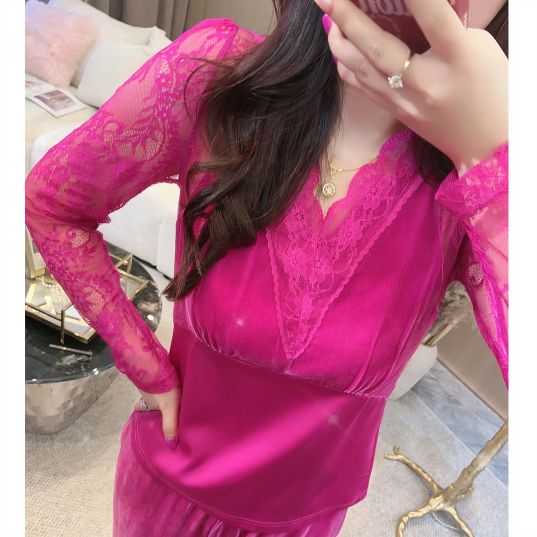 【独宠轻奢女装】高级嘛人拼接蕾丝V领衬衣