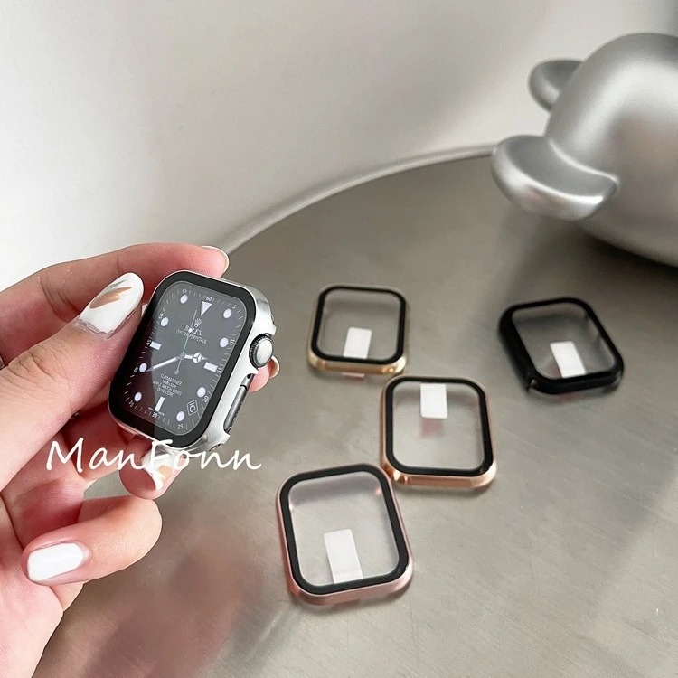 流光铝合金边框+钢化膜手表保护壳适用苹果IWatch3-9代S7-S9SE